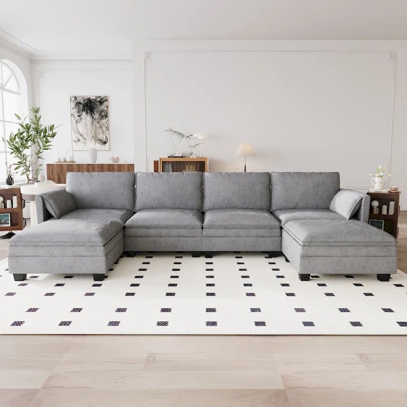U-Shaped Sectional Sofa with Chaise Lounges and Armrest Storage Pocket Gray