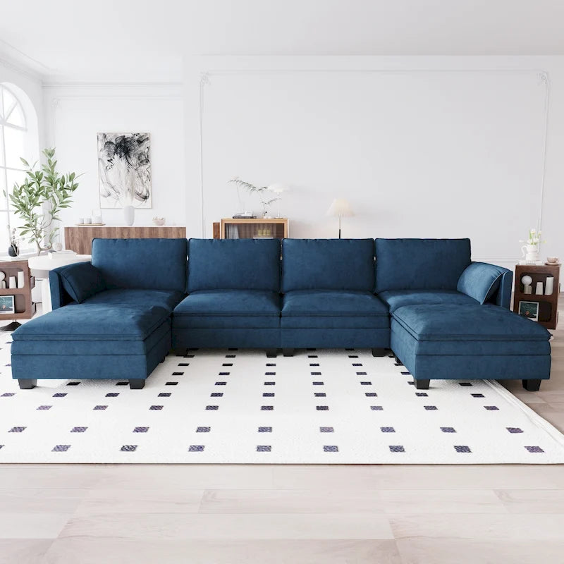 U-Shaped Sectional Sofa with Chaise Lounges and Armrest Storage Pocket Gray