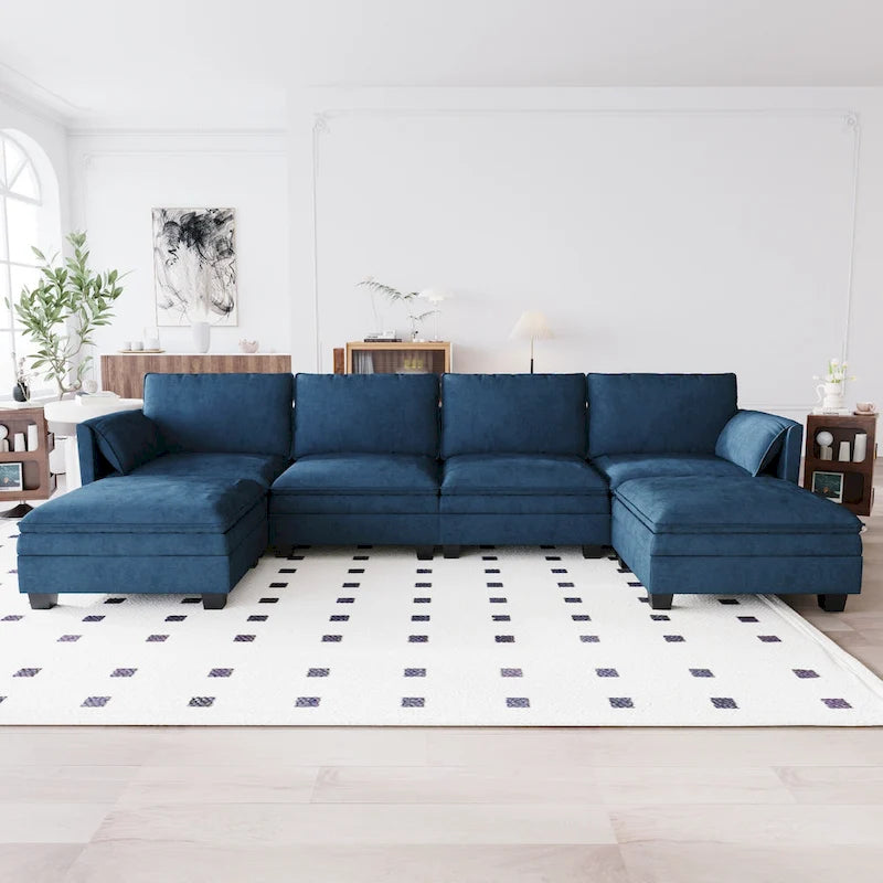 U-Shaped Sectional Sofa with Chaise Lounges and Armrest Storage Pocket Gray