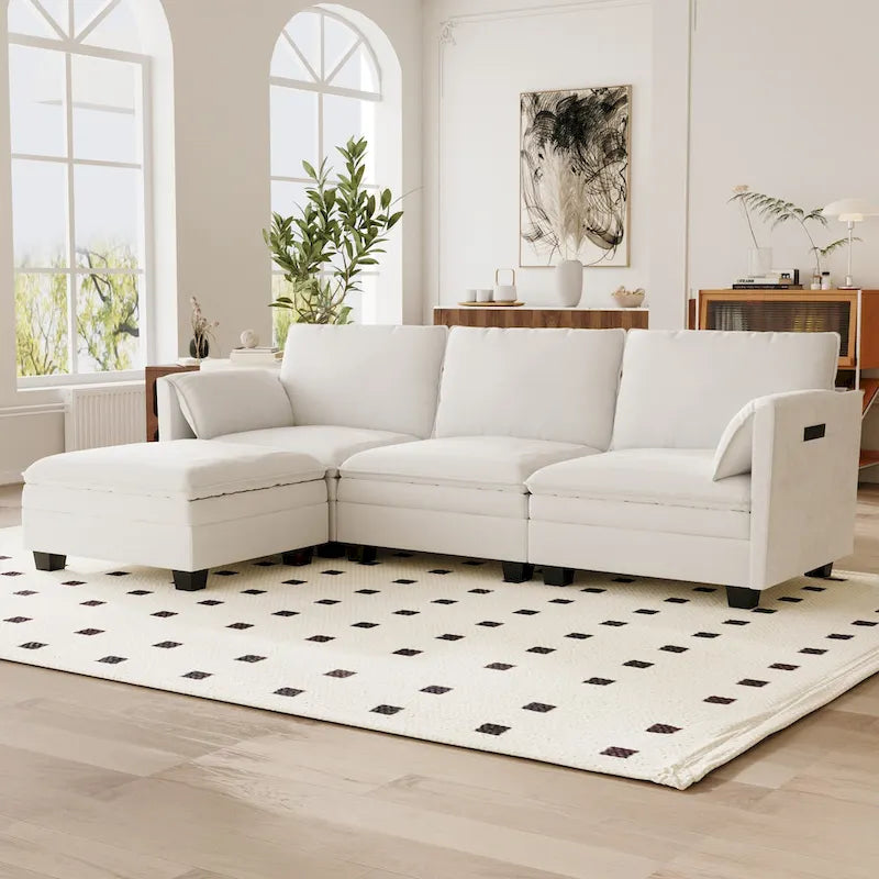 U-Shaped Sectional Sofa with Chaise Lounges and Armrest Storage Pocket Gray