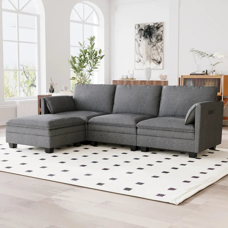 U-Shaped Sectional Sofa with Chaise Lounges and Armrest Storage Pocket Gray