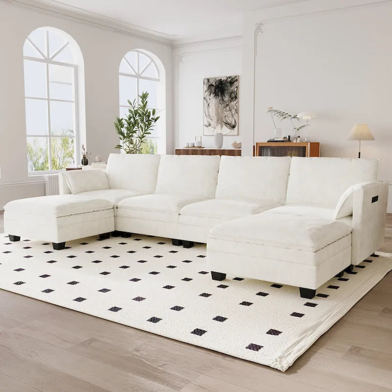 U-Shaped Sectional Sofa with Chaise Lounges and Armrest Storage Pocket Gray