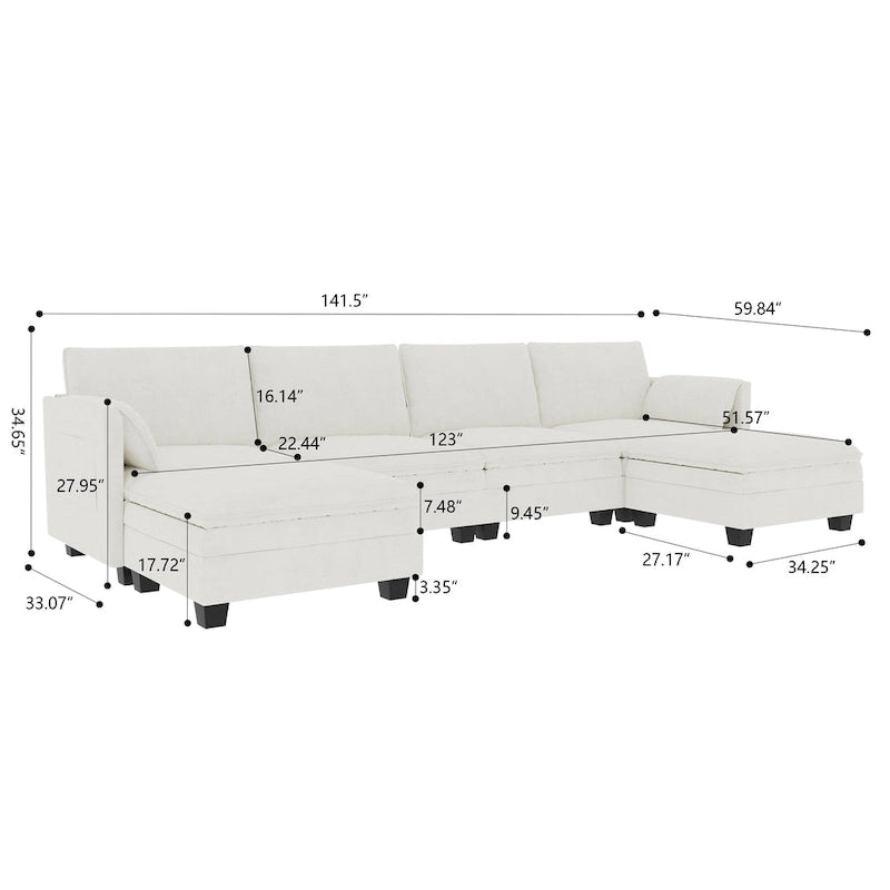 U-Shaped Sectional Sofa with Chaise Lounges and Armrest Storage Pocket Gray