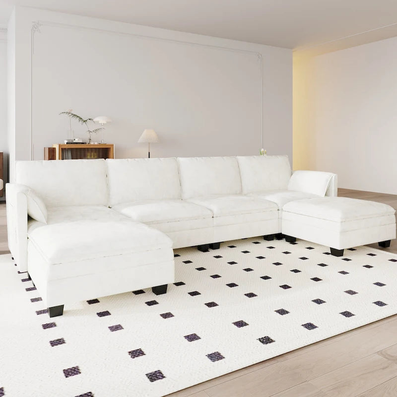 U-Shaped Sectional Sofa with Chaise Lounges and Armrest Storage Pocket Gray