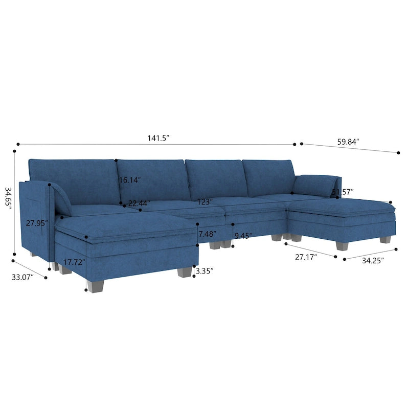 U-Shaped Sectional Sofa with Chaise Lounges and Armrest Storage Pocket Gray