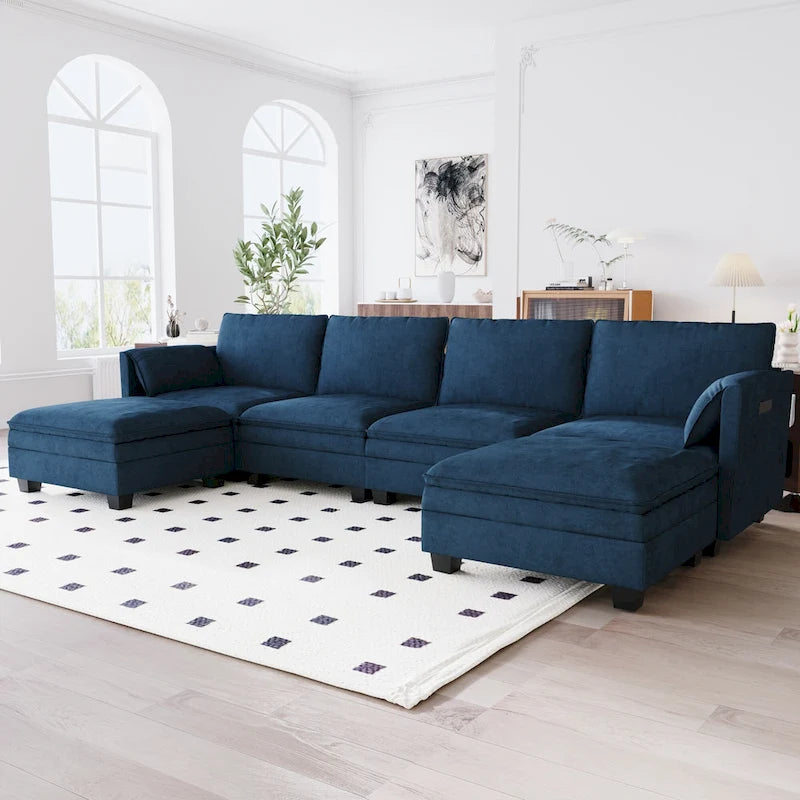 U-Shaped Sectional Sofa with Chaise Lounges and Armrest Storage Pocket Gray