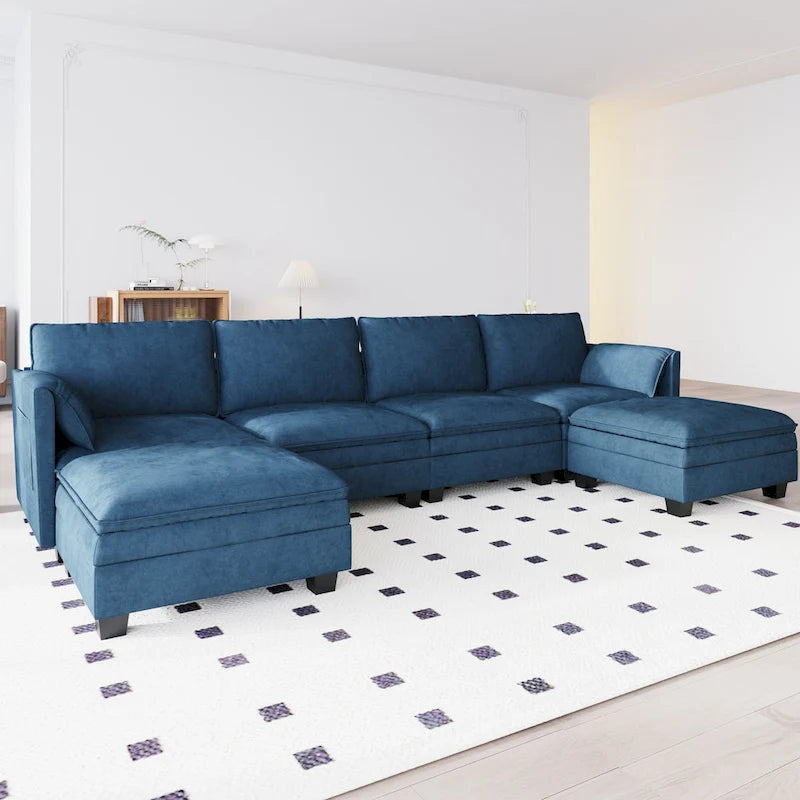 U-Shaped Sectional Sofa with Chaise Lounges and Armrest Storage Pocket Gray