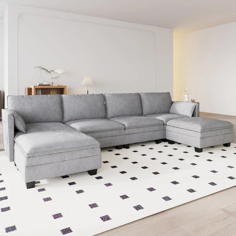 U-Shaped Sectional Sofa with Chaise Lounges and Armrest Storage Pocket Gray
