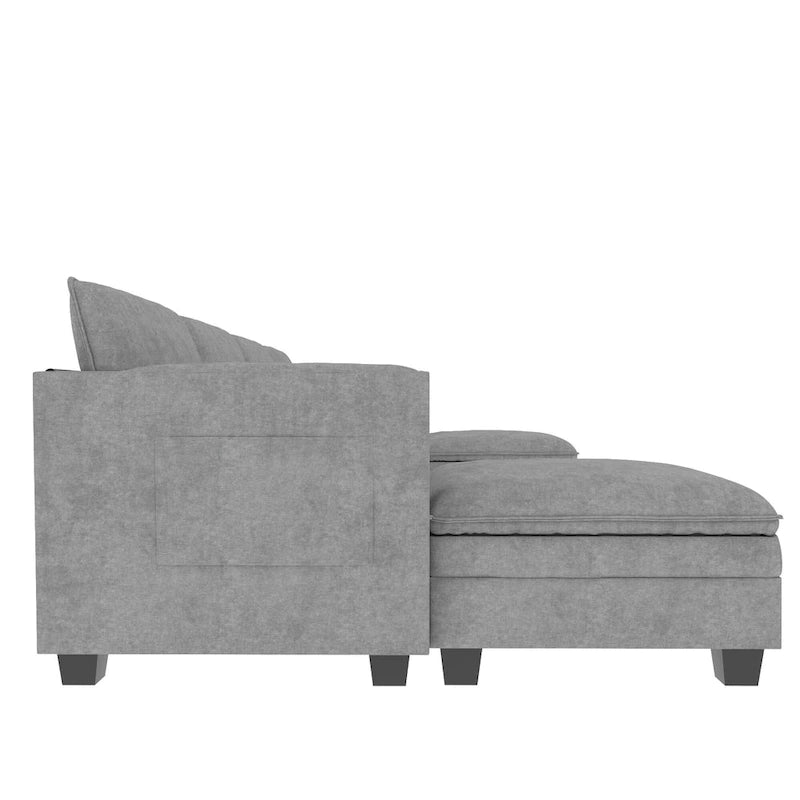 U-Shaped Sectional Sofa with Chaise Lounges and Armrest Storage Pocket Gray