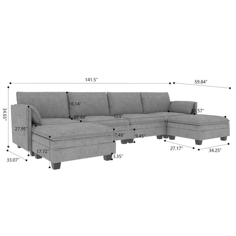 U-Shaped Sectional Sofa with Chaise Lounges and Armrest Storage Pocket Gray