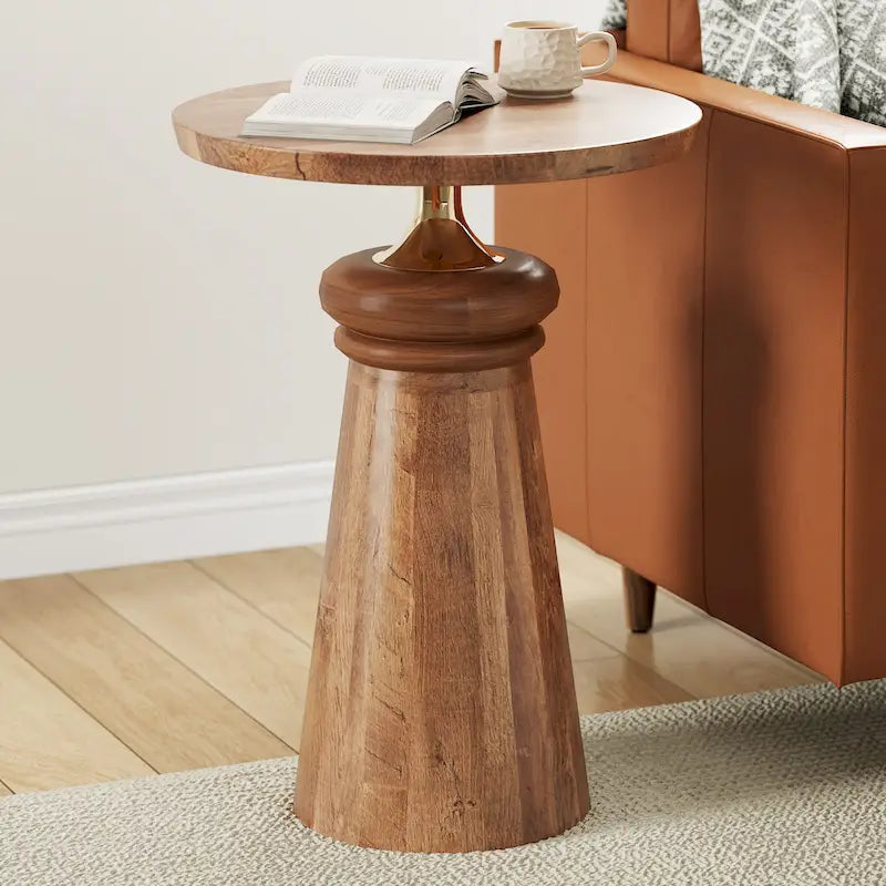 Round Mango Wood Pedestal End Table Gold Natural Accent