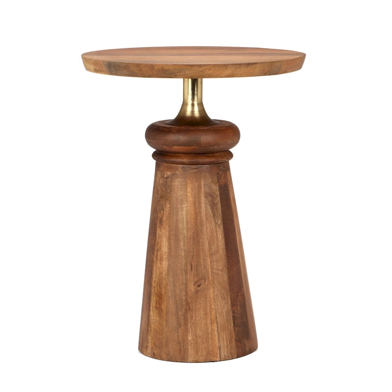 Round Mango Wood Pedestal End Table Gold Natural Accent