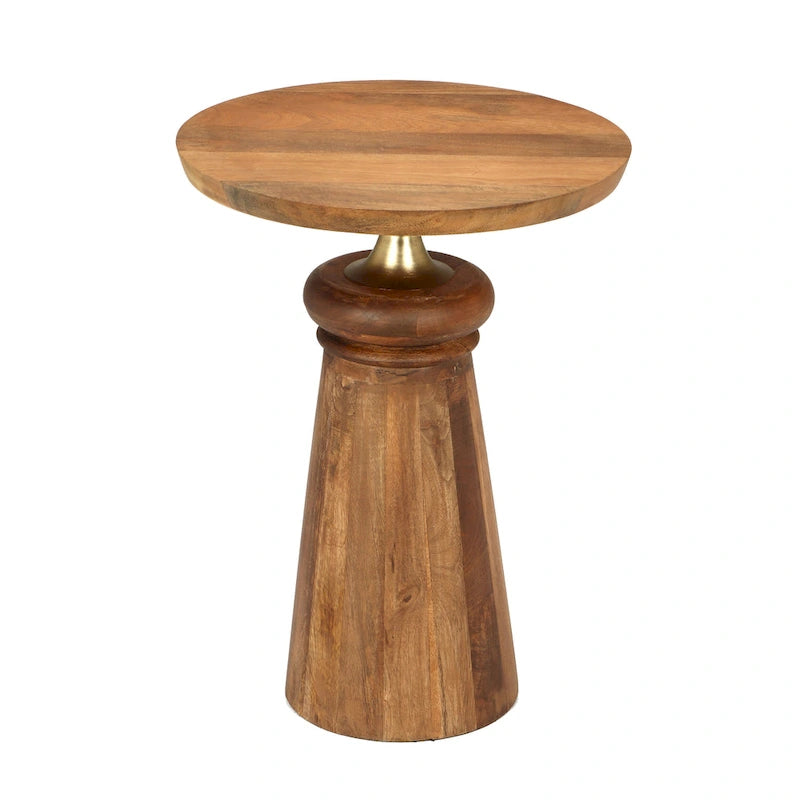 Round Mango Wood Pedestal End Table Gold Natural Accent
