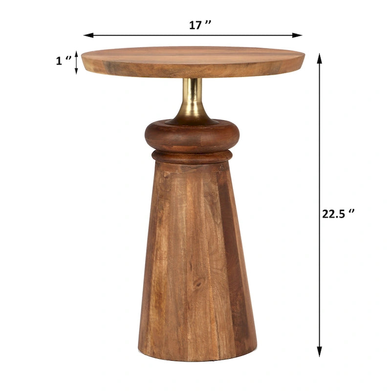 Round Mango Wood Pedestal End Table Gold Natural Accent
