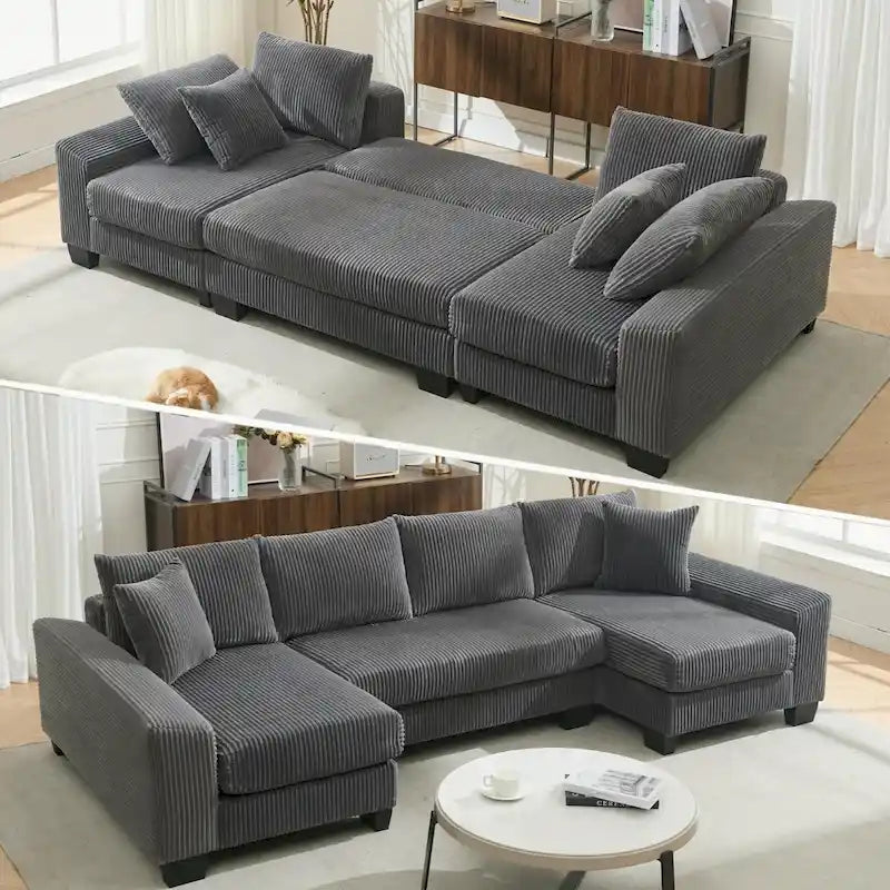 Corduroy Pull-Out Sleeper Sofa with Chaise Lounge and Back Cushions