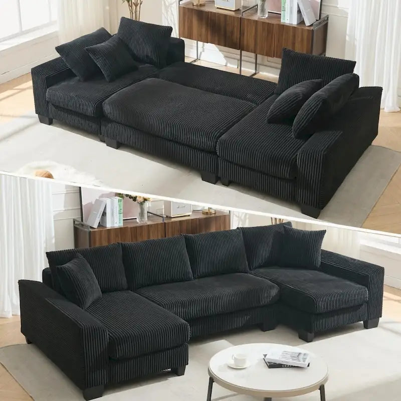 Corduroy Pull-Out Sleeper Sofa with Chaise Lounge and Back Cushions