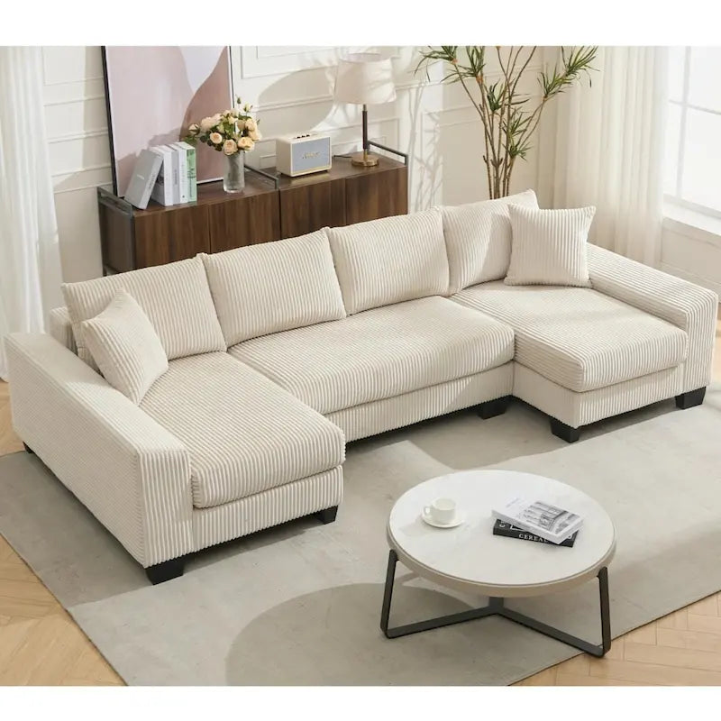 Corduroy Pull-Out Sleeper Sofa with Chaise Lounge and Back Cushions