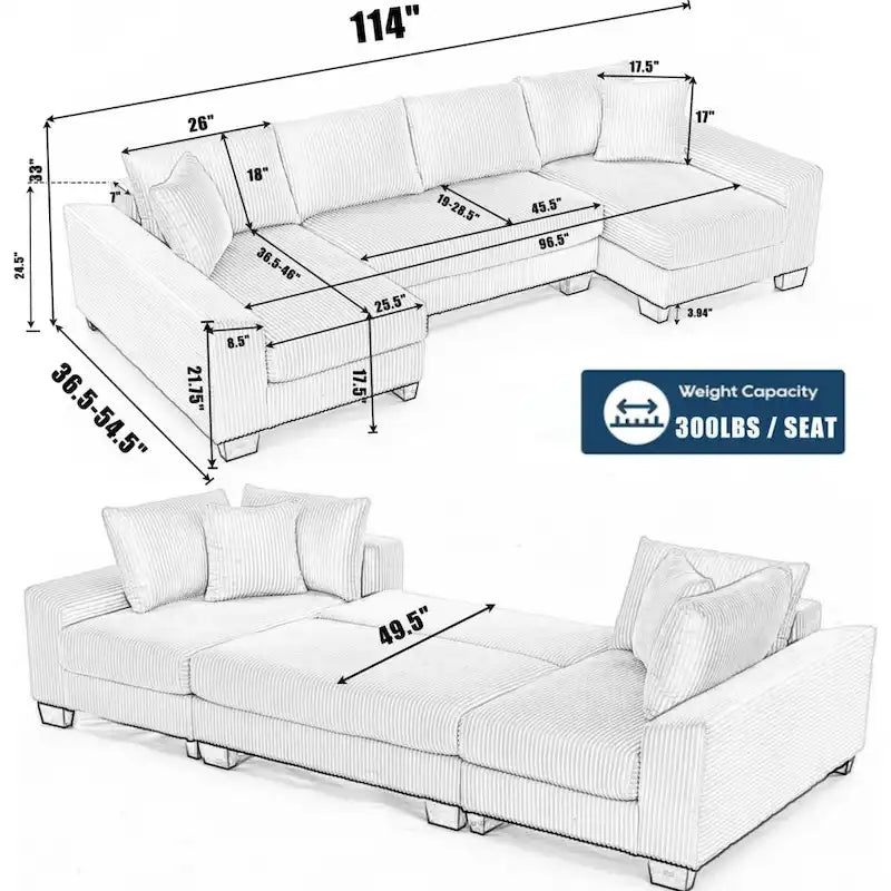 Corduroy Pull-Out Sleeper Sofa with Chaise Lounge and Back Cushions