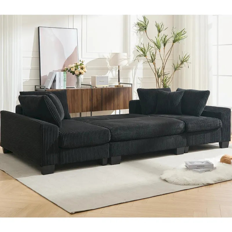 Corduroy Pull-Out Sleeper Sofa with Chaise Lounge and Back Cushions