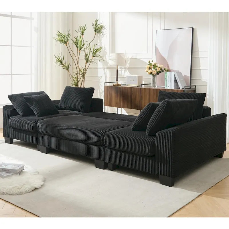 Corduroy Pull-Out Sleeper Sofa with Chaise Lounge and Back Cushions