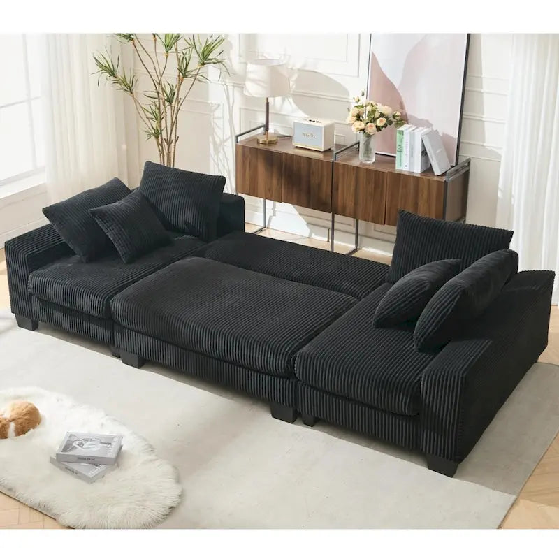 Corduroy Pull-Out Sleeper Sofa with Chaise Lounge and Back Cushions