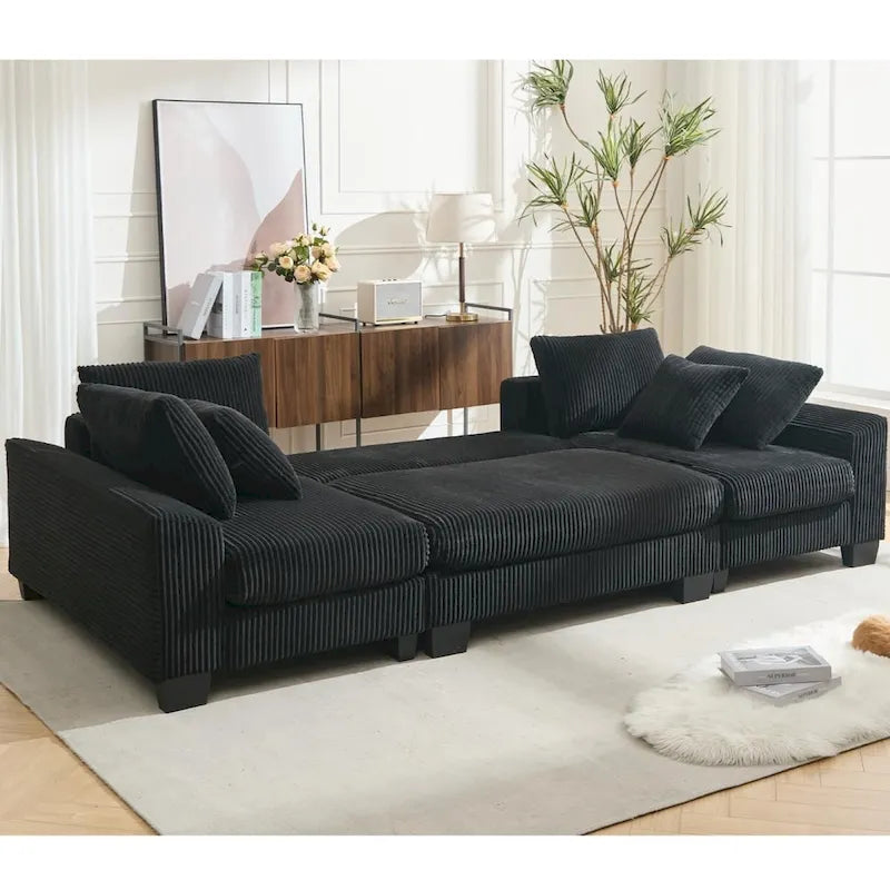 Corduroy Pull-Out Sleeper Sofa with Chaise Lounge and Back Cushions