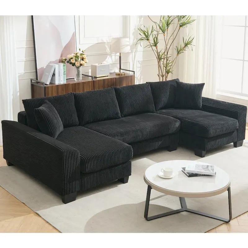 Corduroy Pull-Out Sleeper Sofa with Chaise Lounge and Back Cushions