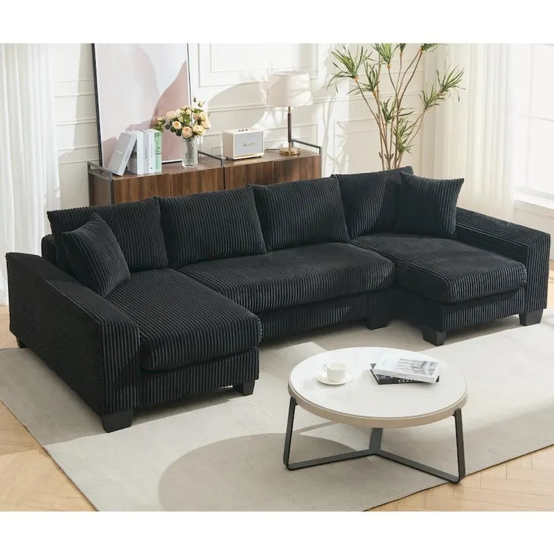 Corduroy Pull-Out Sleeper Sofa with Chaise Lounge and Back Cushions