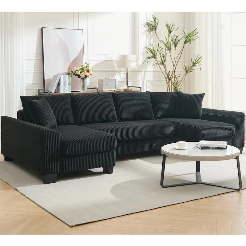 Corduroy Pull-Out Sleeper Sofa with Chaise Lounge and Back Cushions