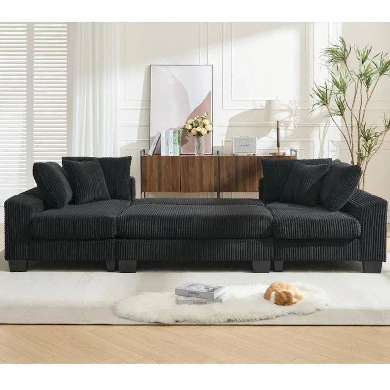 Corduroy Pull-Out Sleeper Sofa with Chaise Lounge and Back Cushions