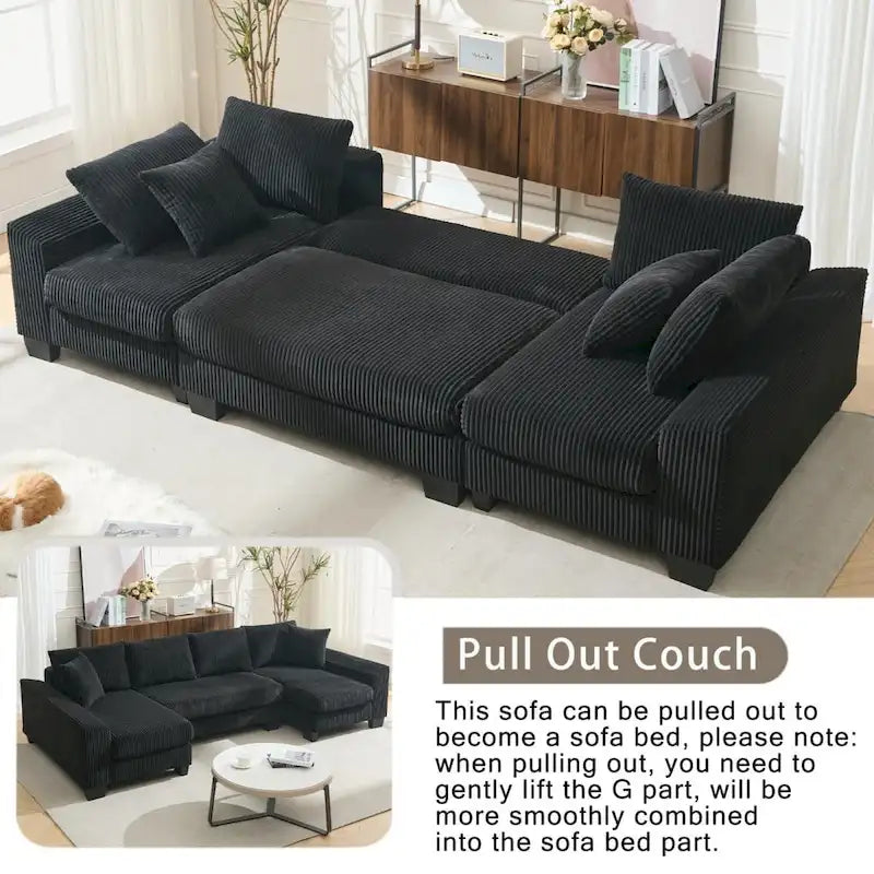 Corduroy Pull-Out Sleeper Sofa with Chaise Lounge and Back Cushions