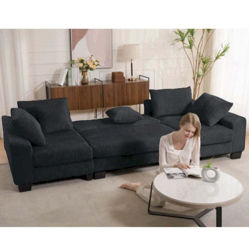 Corduroy Pull-Out Sleeper Sofa with Chaise Lounge and Back Cushions
