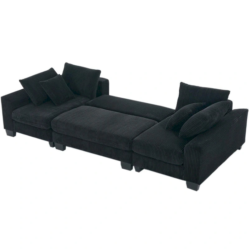 Corduroy Pull-Out Sleeper Sofa with Chaise Lounge and Back Cushions