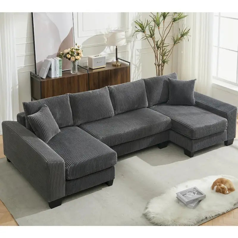 Corduroy Pull-Out Sleeper Sofa with Chaise Lounge and Back Cushions
