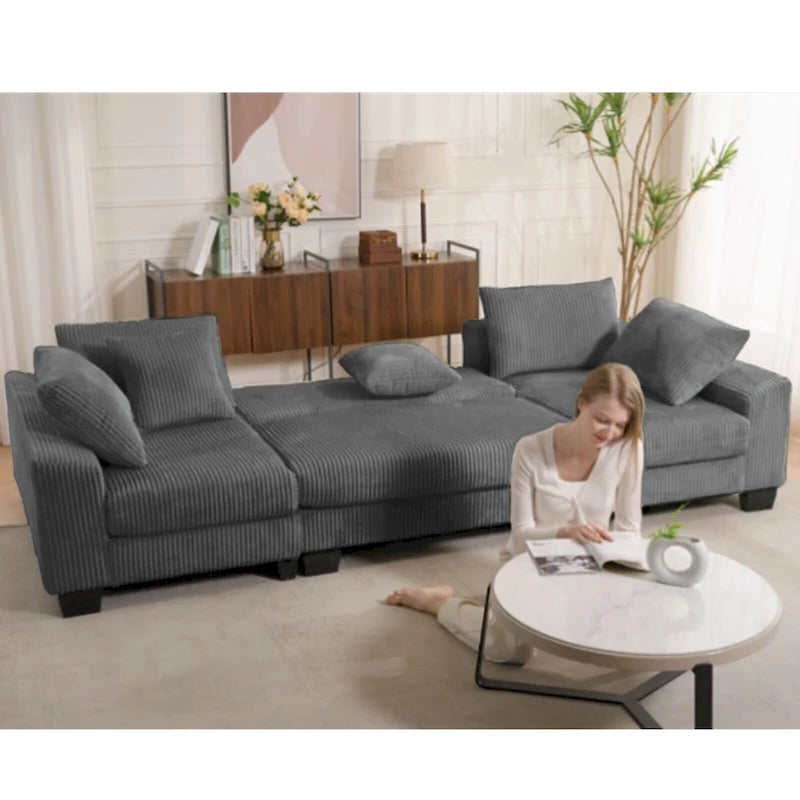 Corduroy Pull-Out Sleeper Sofa with Chaise Lounge and Back Cushions