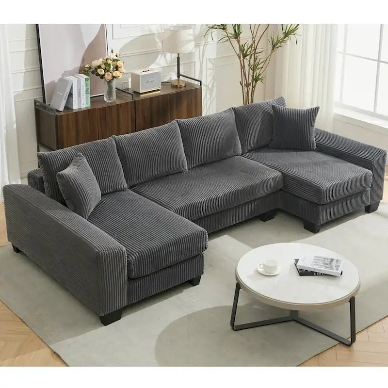 Corduroy Pull-Out Sleeper Sofa with Chaise Lounge and Back Cushions