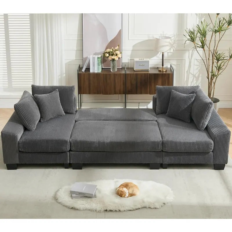 Corduroy Pull-Out Sleeper Sofa with Chaise Lounge and Back Cushions