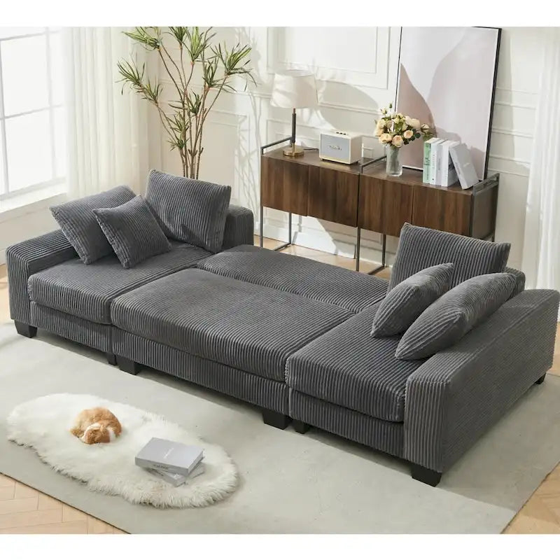 Corduroy Pull-Out Sleeper Sofa with Chaise Lounge and Back Cushions