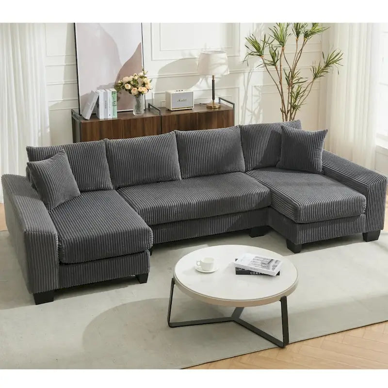 Corduroy Pull-Out Sleeper Sofa with Chaise Lounge and Back Cushions