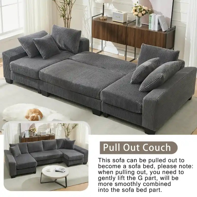 Corduroy Pull-Out Sleeper Sofa with Chaise Lounge and Back Cushions