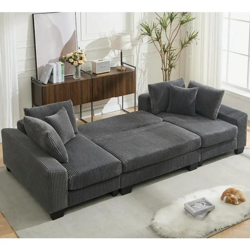 Corduroy Pull-Out Sleeper Sofa with Chaise Lounge and Back Cushions