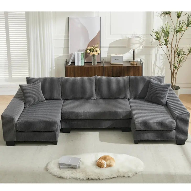 Corduroy Pull-Out Sleeper Sofa with Chaise Lounge and Back Cushions
