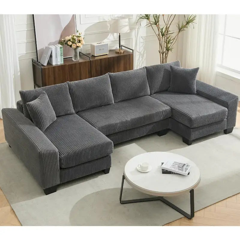 Corduroy Pull-Out Sleeper Sofa with Chaise Lounge and Back Cushions