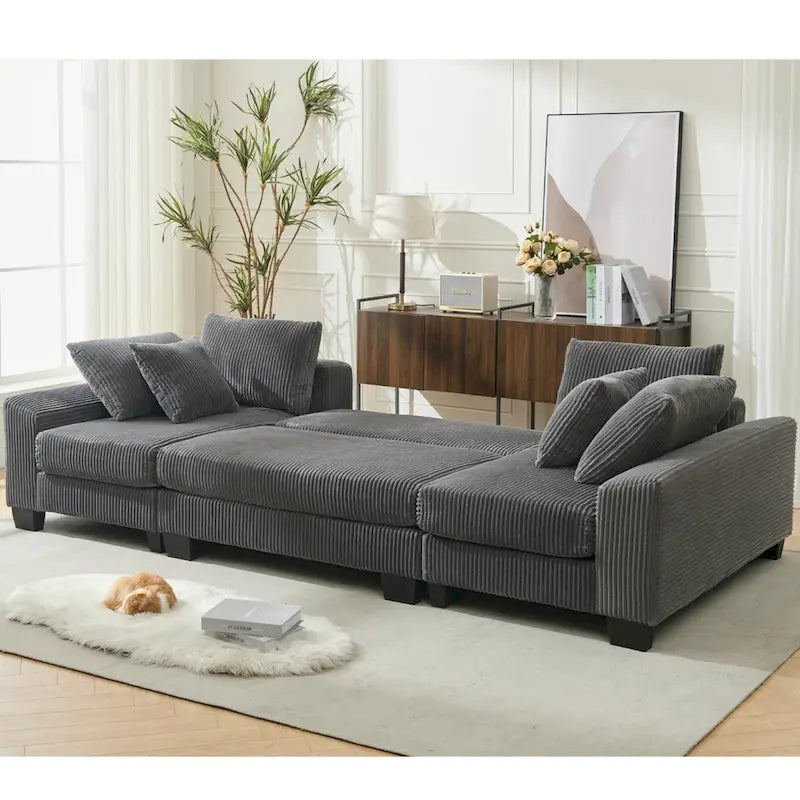 Corduroy Pull-Out Sleeper Sofa with Chaise Lounge and Back Cushions