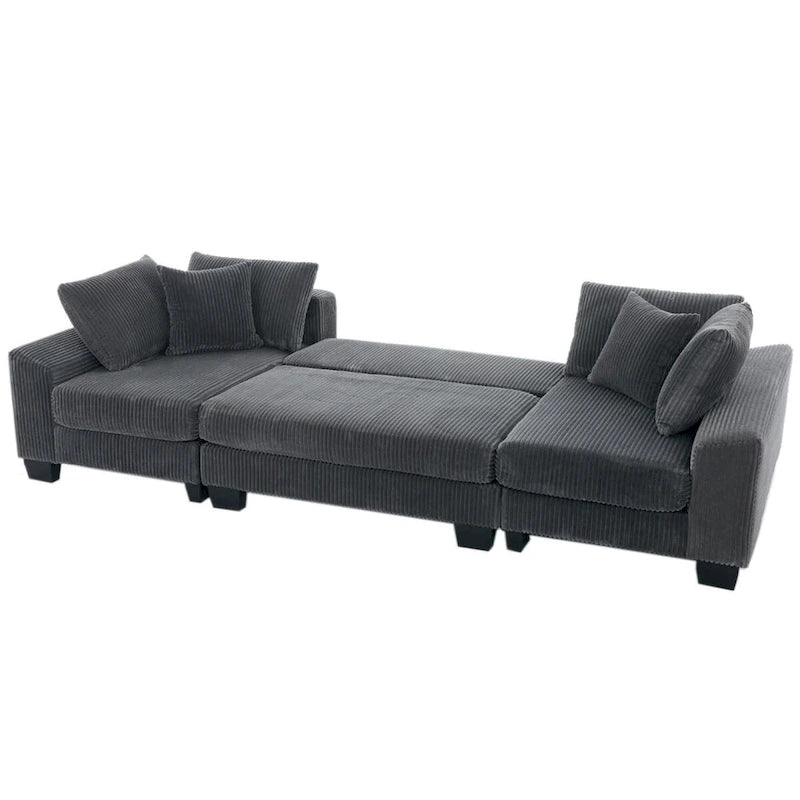 Corduroy Pull-Out Sleeper Sofa with Chaise Lounge and Back Cushions