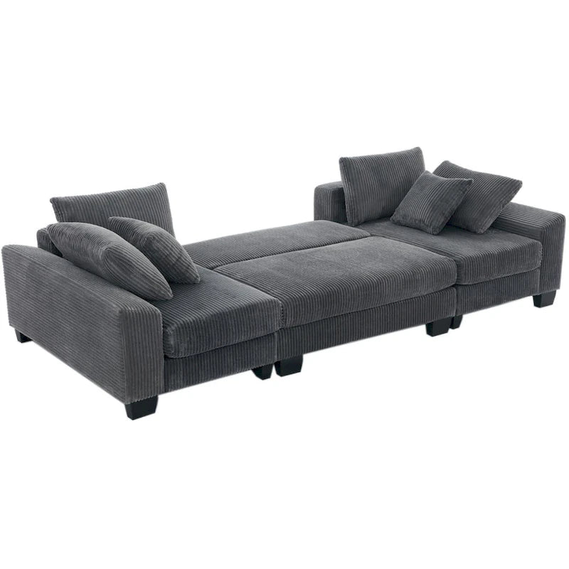 Corduroy Pull-Out Sleeper Sofa with Chaise Lounge and Back Cushions