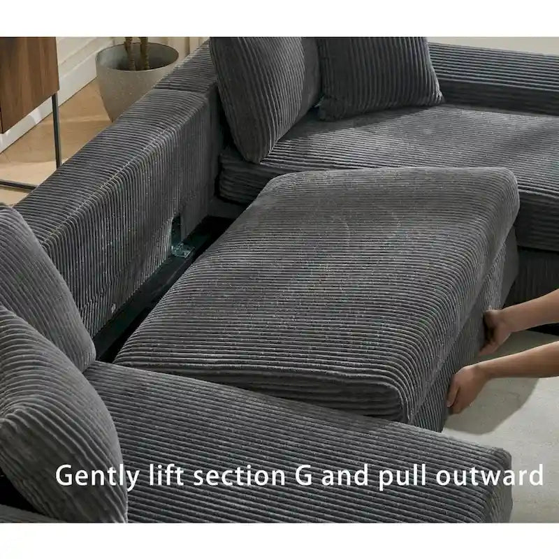 Corduroy Pull-Out Sleeper Sofa with Chaise Lounge and Back Cushions