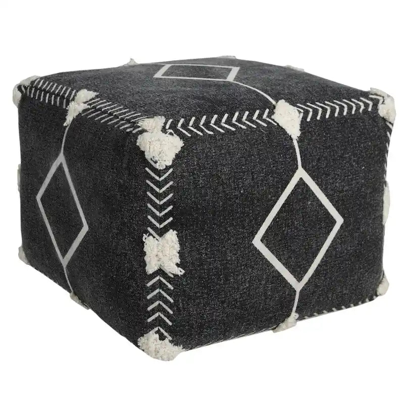 Black Cotton Geometric Tufted Square Pouf Ottoman with Boho Pattern