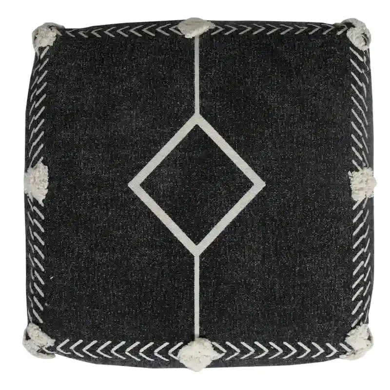 Black Cotton Geometric Tufted Square Pouf Ottoman with Boho Pattern
