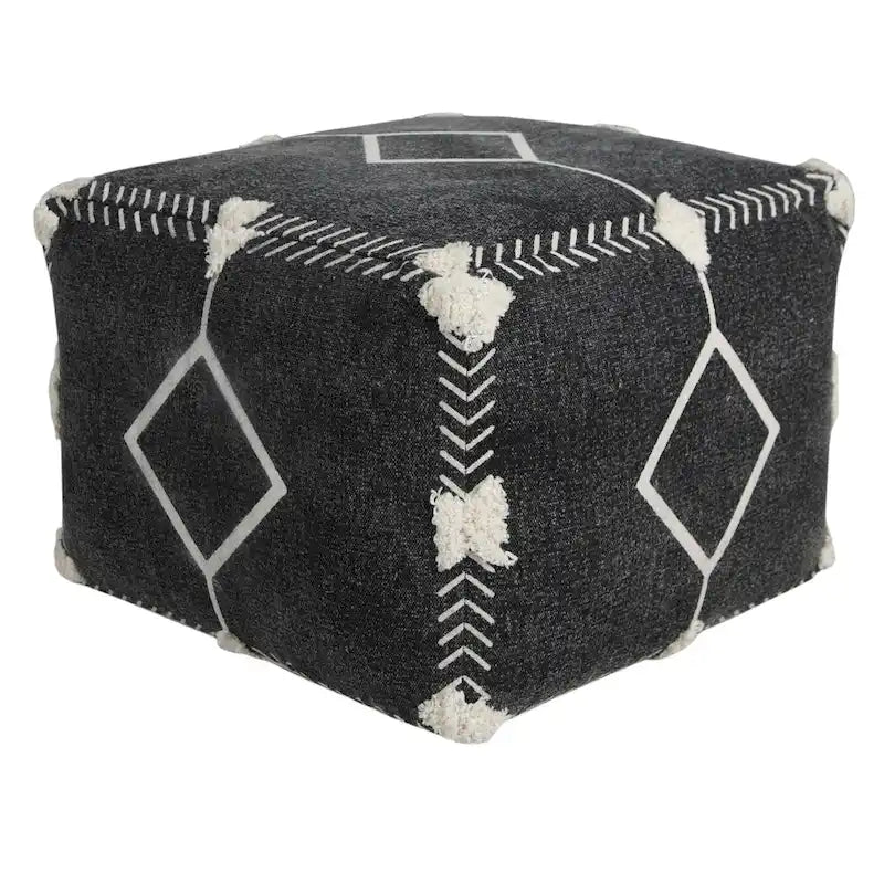 Black Cotton Geometric Tufted Square Pouf Ottoman with Boho Pattern